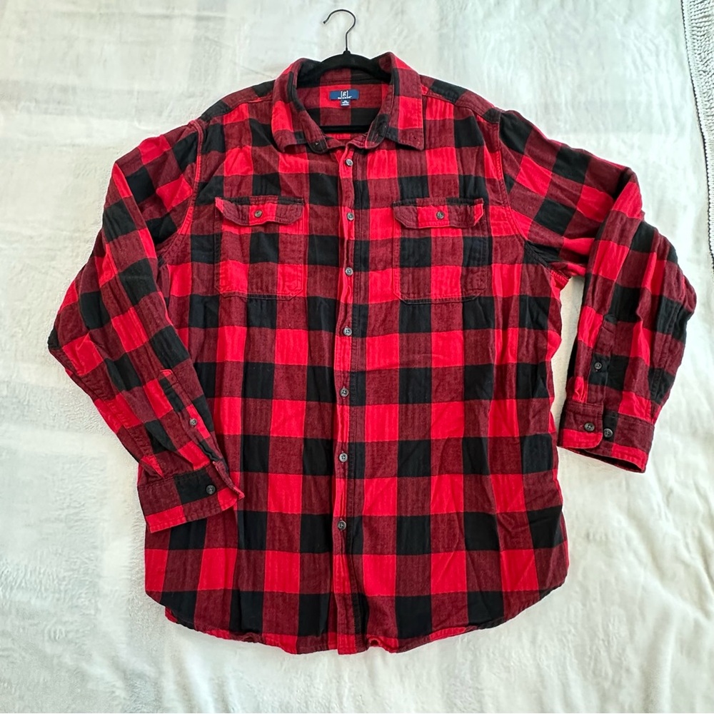 George men's red and black buffalo plaid button-down flannel 2XL 100% cotton
